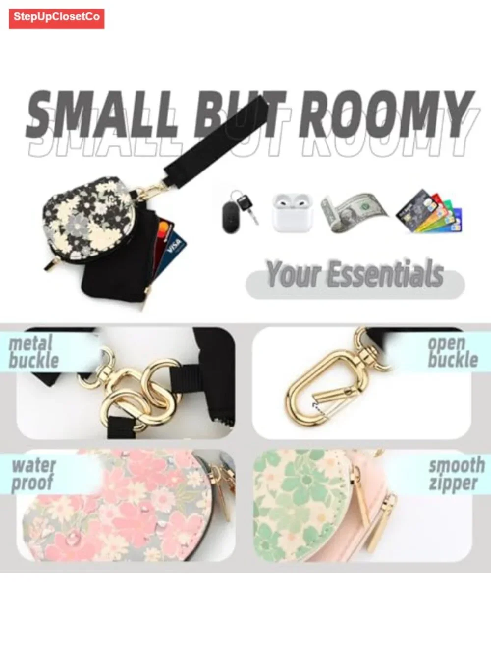 Floral Wristlet Coin Purse with Detachable Strap, Double Zipper Mini Wallet,
